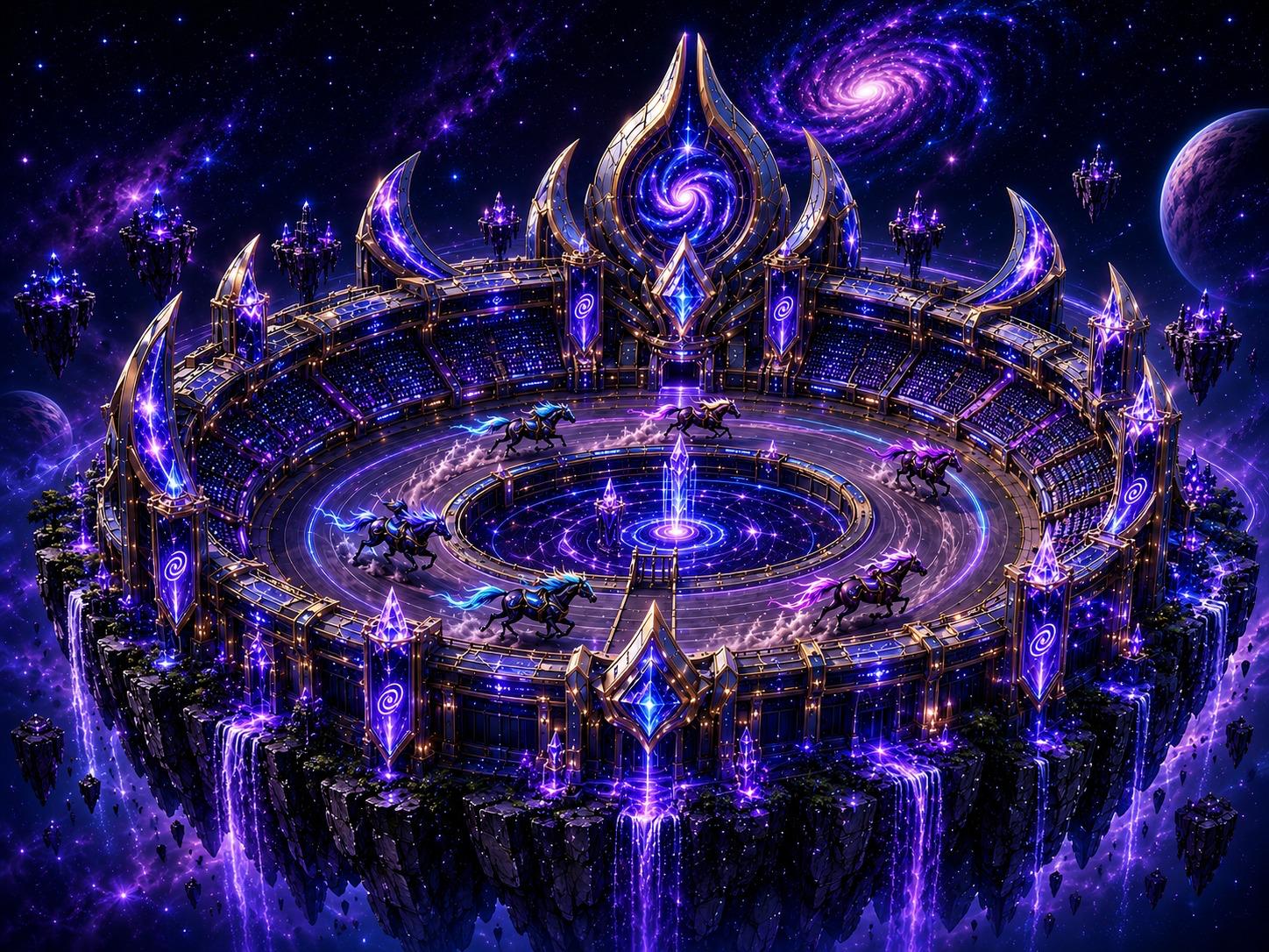 A monumental cosmic Arena of The House of Stadiums, floating in deep space beneath a spiral galaxy